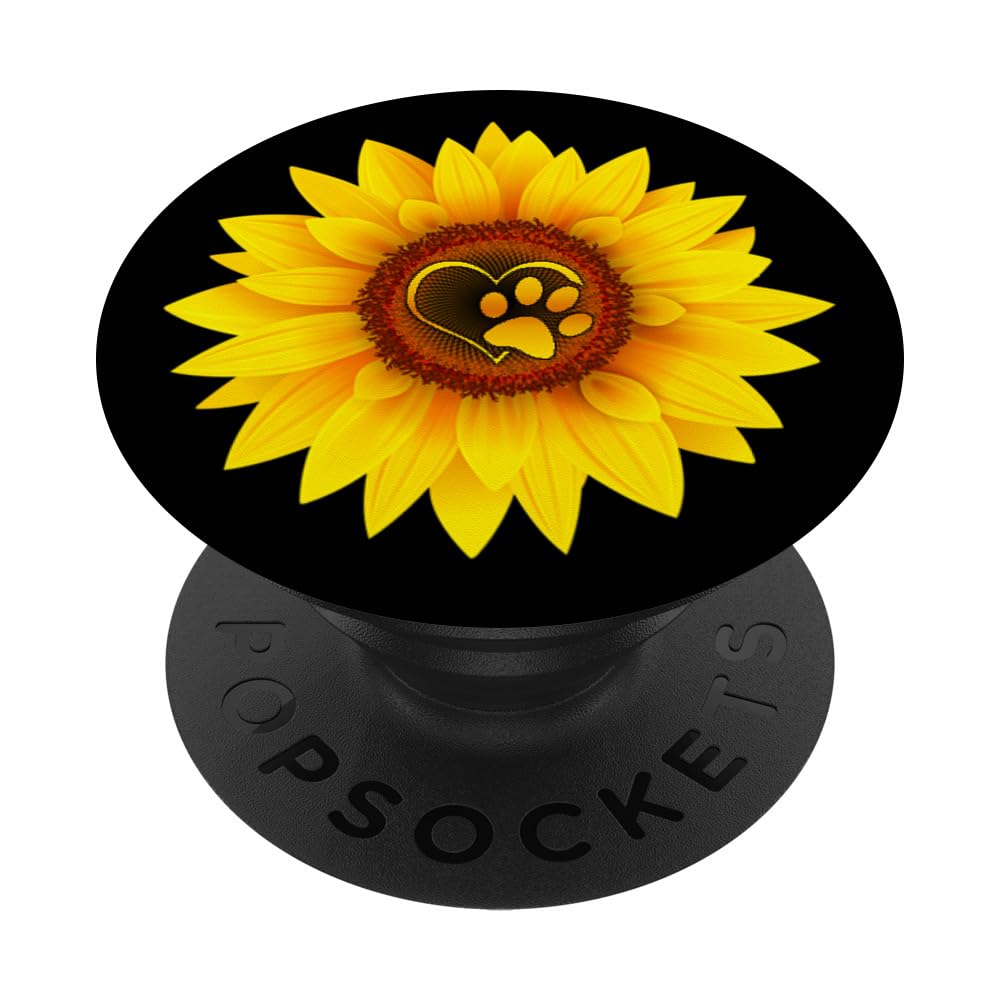 Paw Print Dog Paw Cute Dog Love Yellow Sunflower on Black PopSockets Adhesive PopGrip