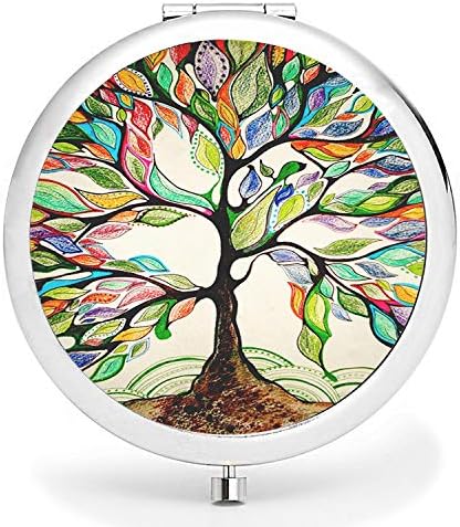 BYBART Metal Compact Mirror, 2-sided with 2X and 1X Magnifying Handheld Makeup Mirror - Perfect for Purse Pocket Travel - Colorful Tree