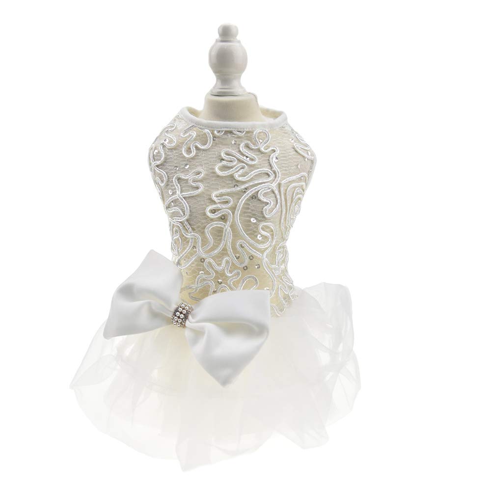 Hollow Dog Wedding Dress Tutu Skirt Luxury Lace Pearl Bow Christmas Dress Costume for Small Dog Pet Apparel (XL, White)