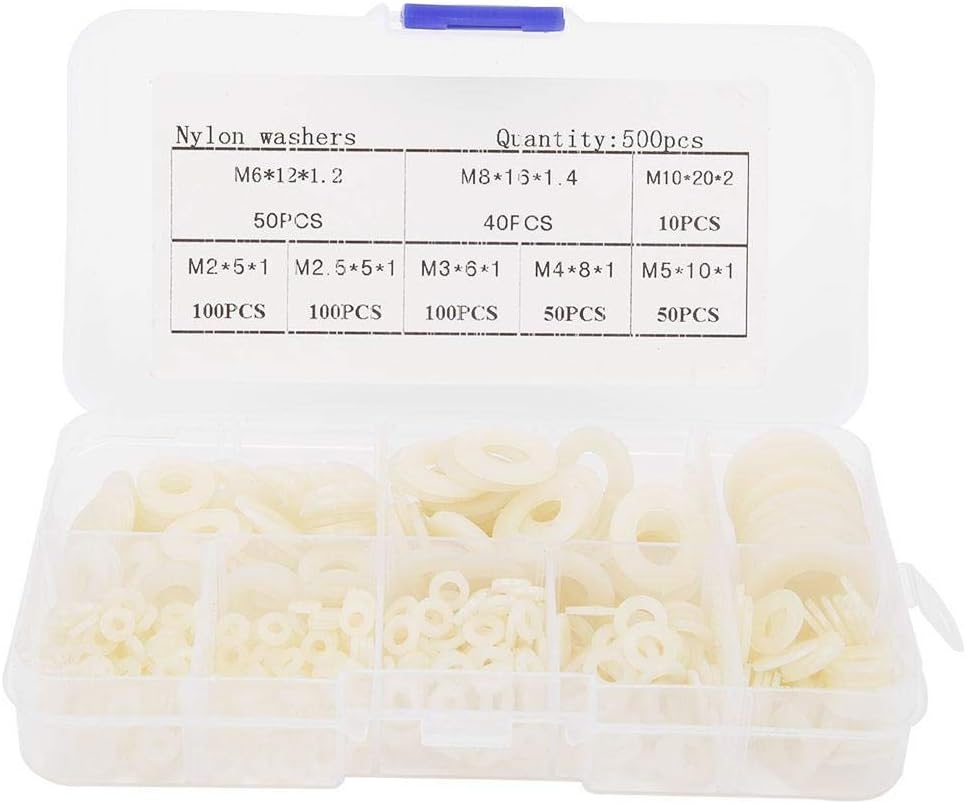Nylon Flat Washer Assortment Set 500 Piece M2 M2.5 M3 M4 M5 M6 M8 M10 Flat Washers Kit for Hardware Fastening