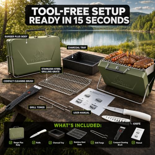 Flame Box Ranger Plus – Parrilla Portátil de Carbón Plegable Tipo Maletín | Superficie Grande para 4–5 Personas | Acero Inoxidable 304, Montaje Rápido, Ligera y Fácil de Transportar