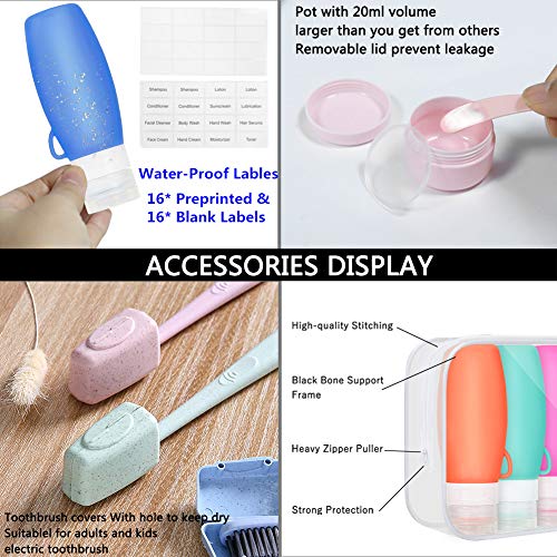 Leak Proof Travel-Bottles TSA Approved Containers, 3oz Squeeze Silicone Travel Size Toiletries Accessories, Empty Refillable bottles for Shampoo Conditioner Lotion Soap Liquids, Clear Toiletry Bag