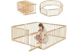 SMILEBABY Baby Playpen Door Wooden Fence Large with Door Gate,Wooden Playpen for Babies and Toddlers,Wooden Baby playpen with Door, Changeable & Expandable