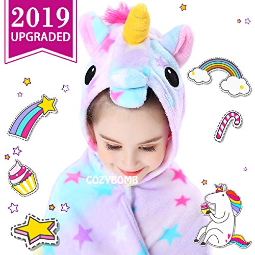 CozyBomB Rainbow Unicorn Blanket for Girls - Wearable Fleece Soft Throw Blanket for Kids Girl - Cute Hooded Plush Bathrobe Cozy Wrap with Hood Sleep Pretend Play age 3 4 5 6 Year Old Christmas Costume
