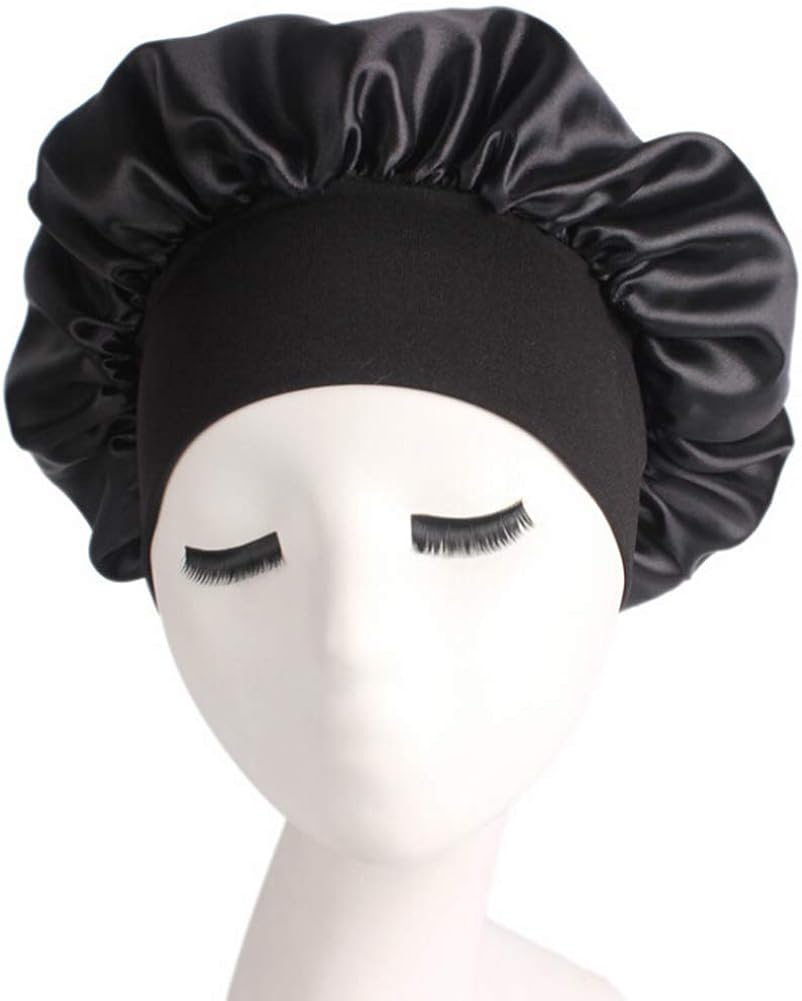 IBLUELOVER Ladies Wide Band Satin Silk Sleep Cap Women Soft Bonnet Cap Long Hair Care Headwrap Fashion Comfortable Hair Loss Night Sleep Hat Chemo Beauty Cap Hair Accessories Printing&Solid Black - Image 3