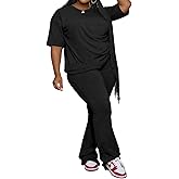 PINSV Womens Plus Size Sets 2 Piece Outfits Casual Short Sleeve Top and Flare Pants Tracksuit