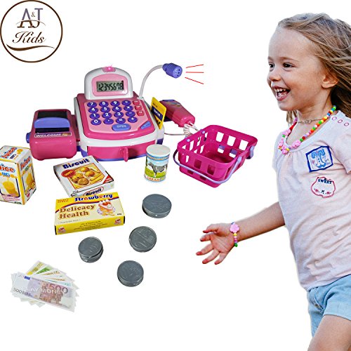 ANJ Kids Toys - Durable Pretend Play Cash Register Toy for Kids | POS Scanner, Microphone, Calculator, Card Terminal and Conveyor Belt | Supermarket Cashier Toy with Play Money and Groceries!