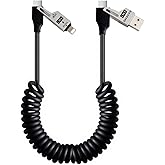 65W 4-in-1 Retractable Fast Charging Cable, 2M/6.5ft Spring Coiled USB-C to L/USB-C/USB-A Multi-Device Cord for iPhone 15/14/13, iPad, Samsung, MacBook, Laptop, Car, Tablet