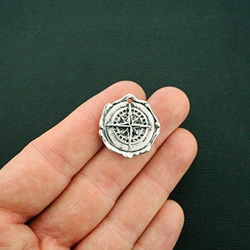 Compass Pendant Charm Wax Seal Design Antique Silver Tone