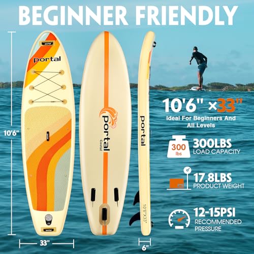Portal Stand Up Paddle Board, 10'6x33 x6 Inflatable Paddle Boards with SUP Accessories Including Carry Bag, Hand Pump, Paddle, Leash, Fin, Repair Kit, Waterproof Phone Case