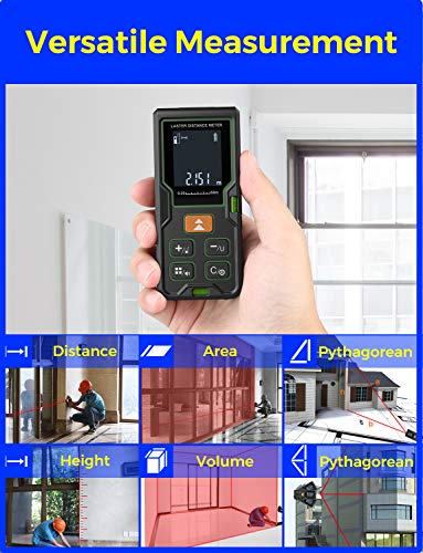 Laser Measure, EURPMASK Laser Measure 164Ft M/In/Ft Mute Laser Distance Meter with 2 Bubble Levels, Backlit LCD and Pythagorean, Measure Distance, Area and Volume - Carry Bag and Battery Included