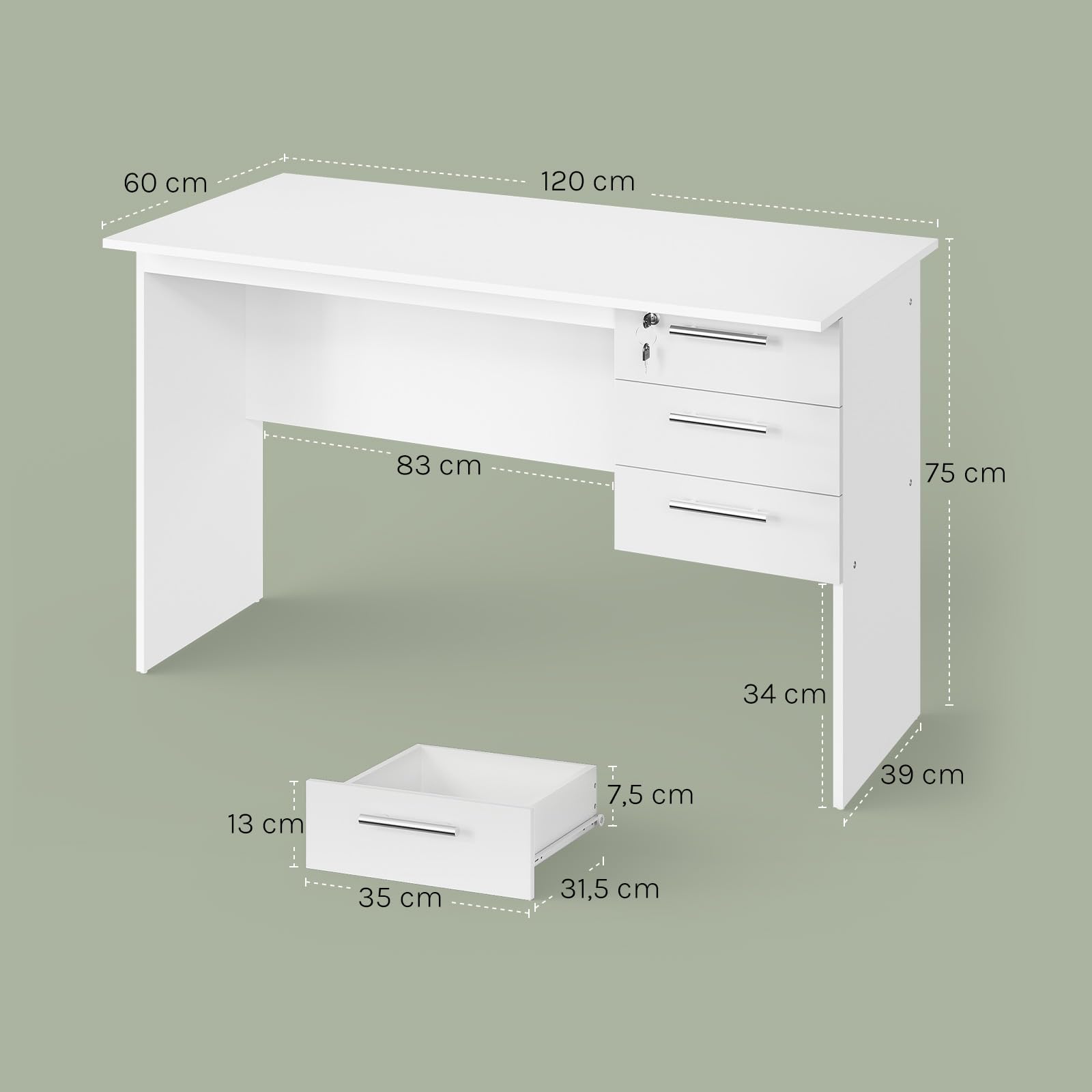 WOLTU Schreibtisch mit 3 Schubladen, Computertisch Weiß, 120x60cm Bürotisch PC Tisch, Kinder Arbeitstisch, für Arbeitszimmer Schlafzimmer Wohnzimmer 3