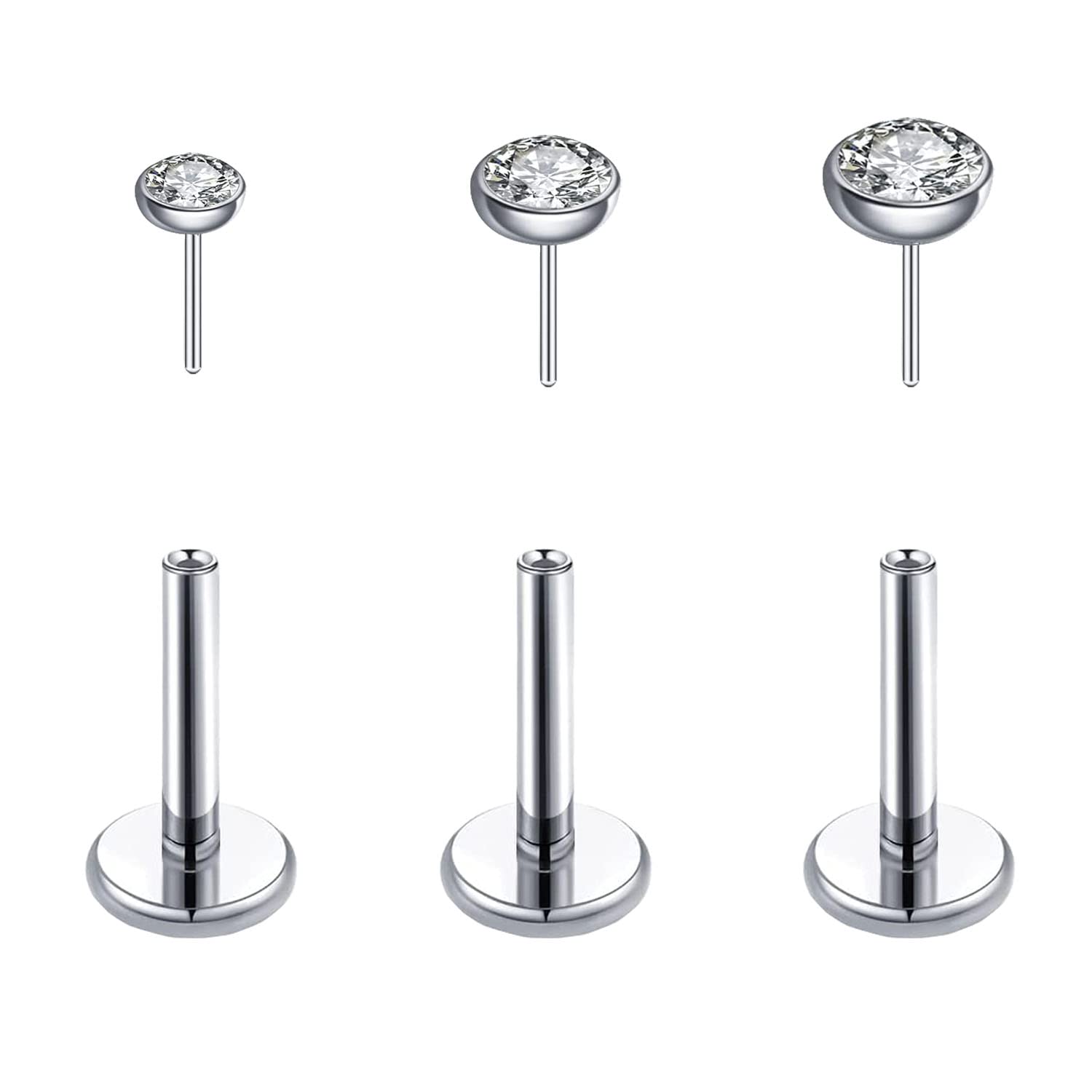 Photo 1 of VERAMI 3Pcs 20G Implant Grade G23 Titanium Push in Lip Ring Studs 6mm Bar Threadless Push-in Flat Back Nose Ring Studs Flat Back Earrings for Helix 2.5mm 3mm 4mm CZ Piercing Jewelry
