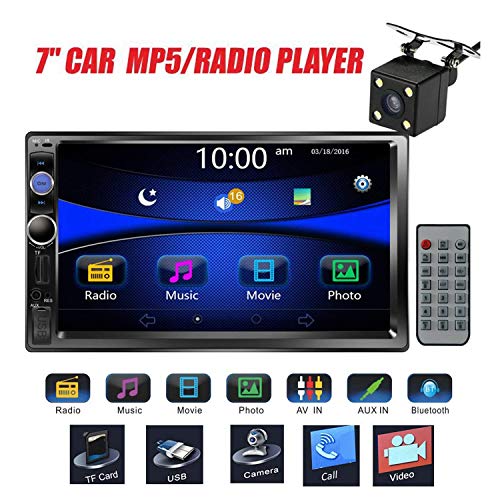 Car Stereo Double Din Radio with Rear View Camera, Regetek 7" Touchscreen In Dash Stereo Car Receiver Audio Video Player Bluetooth FM AM Radio Mp3 /TF/ USB/ AUX-in/Subwoofer/Steering wheel controls + Remote Control