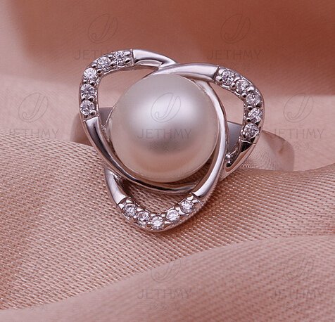 Fashion 925 Sterling Silver Swarovski Crystal Pearl Wedding Ring Size 7,8 LR004 (Silver, US 8)