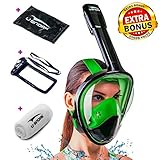 Full Face Snorkel Mask for Kids and Adults - Anti-Fog and Anti-Leak Easybreath Snorkeling Gear - Dive Scuba Mask with 180 Panoramic View and 4 Bonus Items as Snorkel Set (Black-Green, L/XL)