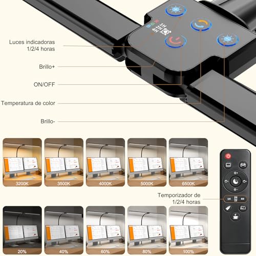 Lampara de Escritorio LED con Control Remoto, 1800LM Luz Escritorio Doble Cabezal Ultra Ancha, 5 Temperaturas Color y 5 Brillos, Lámpara Mesa con Pinza para Monitor, Oficina, Estudio, Lectura y Gaming