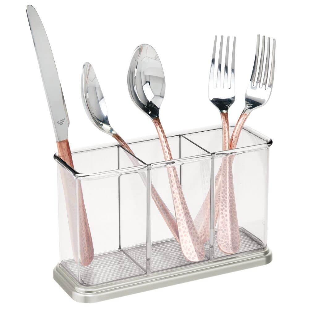 mDesign Cutlery Organiser Box — Plastic Kitchen Utensil Holder for Worktops and Tables — Sleek Cutlery Box for Knives, Forks and Spoons — Clear/Silver