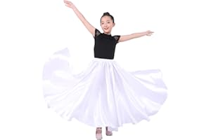 SNOWAQUA Girls Satin Full Circle Long Dance Skirt Ankle Length Shiny Satin Swing Skirt for Girls 8-12 Years Belly Dance Long Skirt