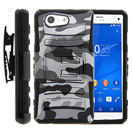 Xperia Z3 Compact Case, Xperia Z3 Compact Holster, Two Layer Hybrid Armor Hard Cover with Built in Kickstand for Sony Xperia Z3 Compact D5803 D5833 from MINITURTLE | Includes Screen Protector - Gray Camouflage