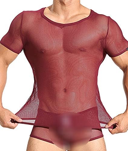 Minaso Men's See Through Muscle Shirts Fitted Mesh Top Layer and Underwear Set