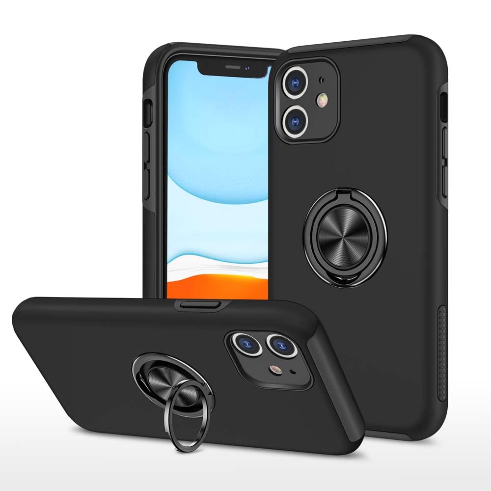 XYZNTMF for iPhone 11 Case Built-in Ring Holder Shockproof Silicone Bumper Matte Hard PC Phone Case Magnetic Car Mount Drop Protective Skin Cover Case for iPhone 11, Black