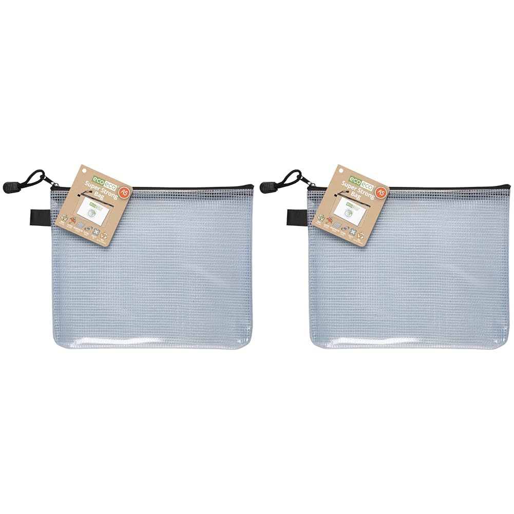 eco-eco A5 95% Recycled Super Strong Bag, Waterproof Mesh Tuff Bag, Reinforced, Black Zip Closure eco038 Clear (Pack of 2)