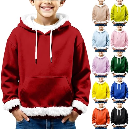 Girls Boys Fleece Hoodies, Fuzzy Coat Outwear Kids, Children's Autumn Winter Fleece Trim Hoodie with Pockets, Solid Color Casual Santa Style Sweatshirt for Kids, Long Sleeved Warm Pullover Jacket