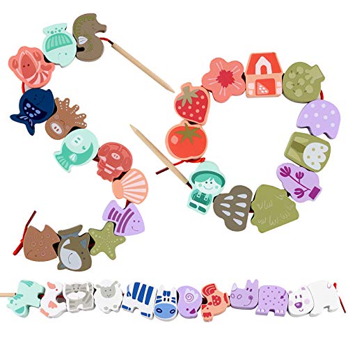 LOVESTOWN Wooden Lacing Beads, 67 PCS Stringing Beads Large Lacing Bead Animals Stringing Toy Montessori Toddler Preschool Toys for Toddlers Kid Birthday Gifts