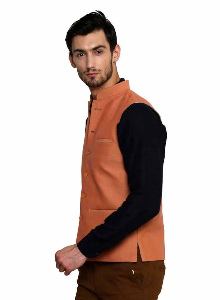 dhrohar khadi cotton peach chinese collar waistcoat for men