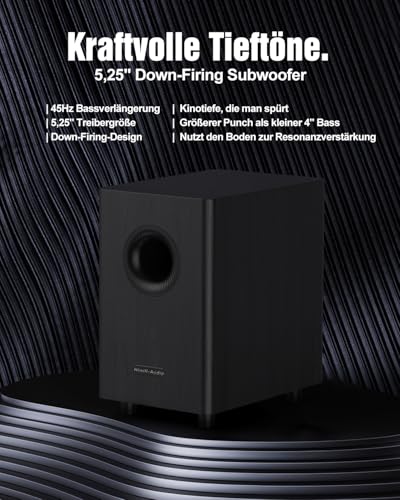 Wooden 5.1.2CH Soundbar for TV Devices, 4 Surround Speakers, 400 W Peak Power, Home Cinema Virtual Surround Sound System Sound Bar with 5.25 Inch Subwoofer, ARC/Optical/BT 5.3/AUX/USB, HiPulse N512