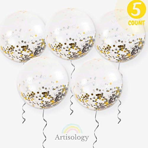 Artisology 36" Round Confetti Balloons | 5 PACK | GLAM any special event like birthday party, baby gender neutral or baby shower, wedding, bridal shower decorations(PRE-FILLED) (Black/White/Gold)