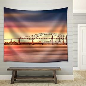 Newark Bay Bridge and Sunset. Newark Bay Bridge Officially - Fabric Wall Tapestry Home Decor - 51x60 inches
