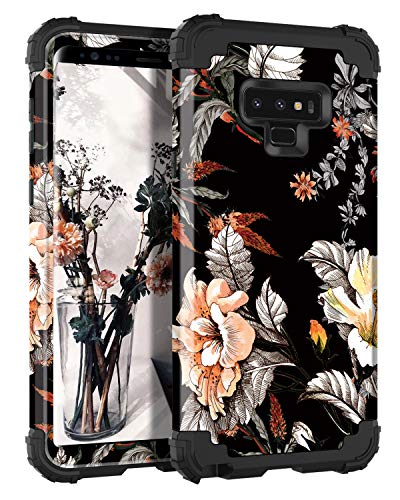 Casetego Compatible with Galaxy Note 9 Case,Floral Three Layer Heavy Duty Hybrid Sturdy Shockproof Full Body Protective Cover Case for Samsung Galaxy Note 9,Orange Flower/Black