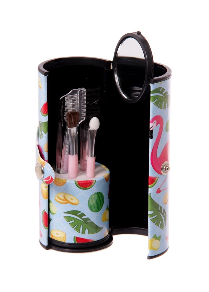 Flamingo Cosmetics Make Up Brushes Nail File Mirror Utensil Kit Multi