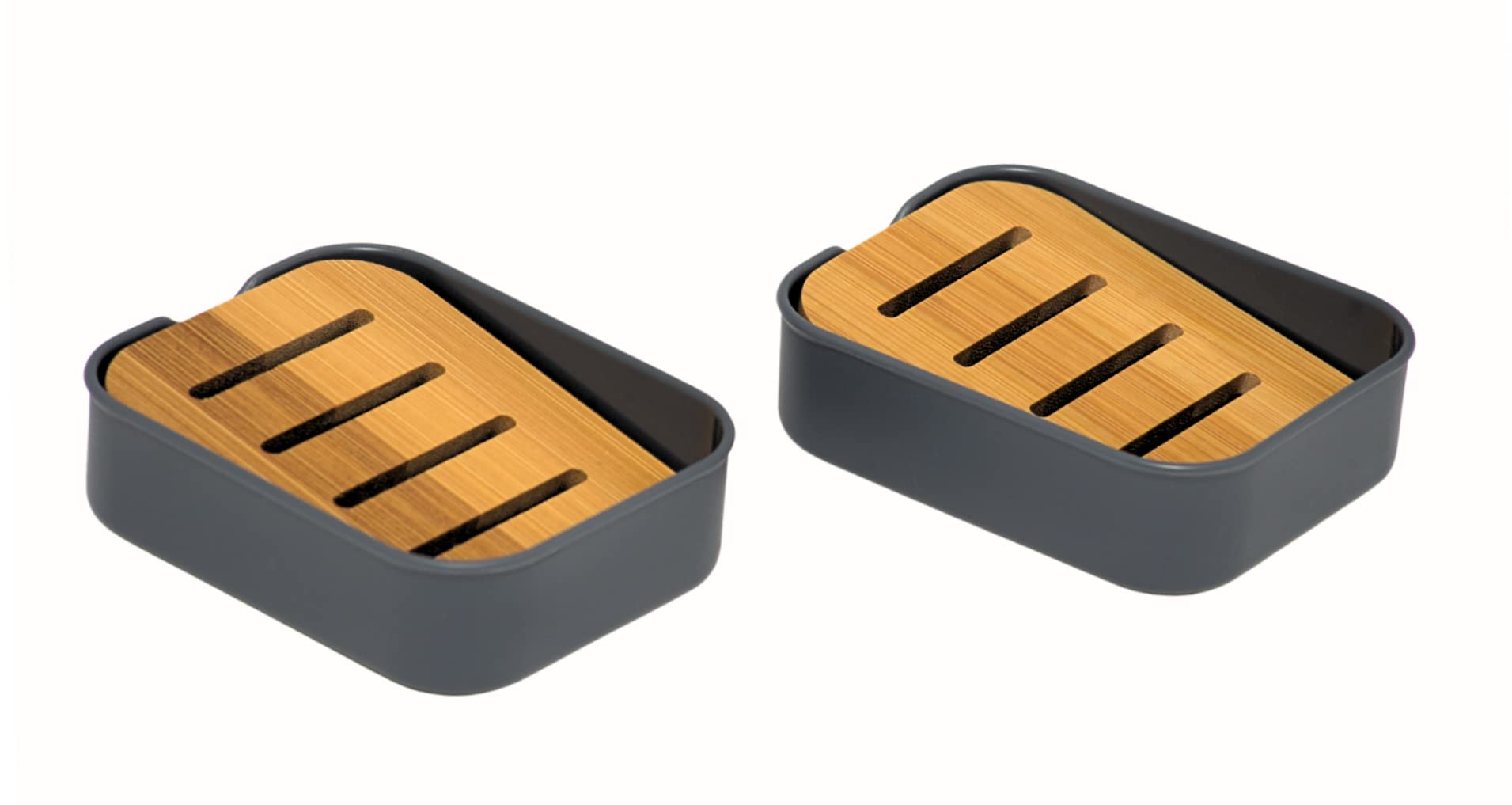 simplywire – Pack of 2 – Plastic Soap Dishes with Natural Slanted Bamboo Shelf – Bathroom Soap Holders - Rectangular - Grey