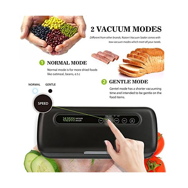 Razorri-E5200-M-Vacuum-Sealer-with-Starter-Kit-for-Food-Sous-Vide-Cooker-Compact-and-Full-Function-includes-Rolls-and-Bags-Easy-to-use-Indicator-Lights-Vacuum-Speeds-Selectable-Black