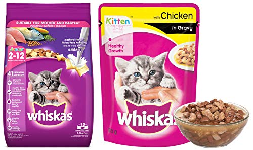 Whiskas Kitten (2-12 Months) Wet Cat Food, Chicken in Gravy Monthly Pack, 48 Pouches (48 x 85g) & Kitten (2-12 Months) Dry Cat Food, Mackerel Flavour, 1.1kg Pack