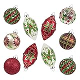 Teresa's Collection 10ct Country Road Glass Blown Christmas Ball Ornaments Red Green and Gold,3.15inch-4.72inch,Themed with Tree Skirt(Not Included)