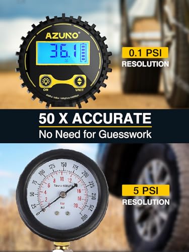 AZUNO Digital Tire Inflator with Pressure Gauge, 200 PSI, Heavy Duty Air Compressor Accessories, w/Rubber Hose Lock on Air Chuck and Quick Connect Coupler (Standard)