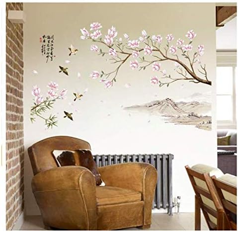 Wall Sticker Chinese Style Flower Bird Quote Eco-Friendly Bedroom Living Room Removable Self Adhesive Wall Stickers Decorative Decal Mural 115X75Cm