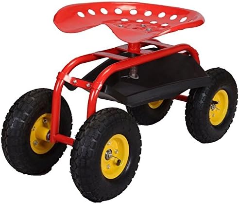 Red Rolling Garden Cart Adjustable Swivel Work Seat With Heavy Duty Tool Tray Gardening Planting Outdoor Patio Lawn Yard Utility Wagon Buggy Scooter Pneumatic Wheel
