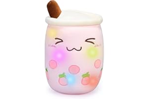 AIXINI Light up Boba Stuffed Plush Bubble Tea Pillow with LED Colorful Night Lights Glowing Super Soft-Pink,13.7''