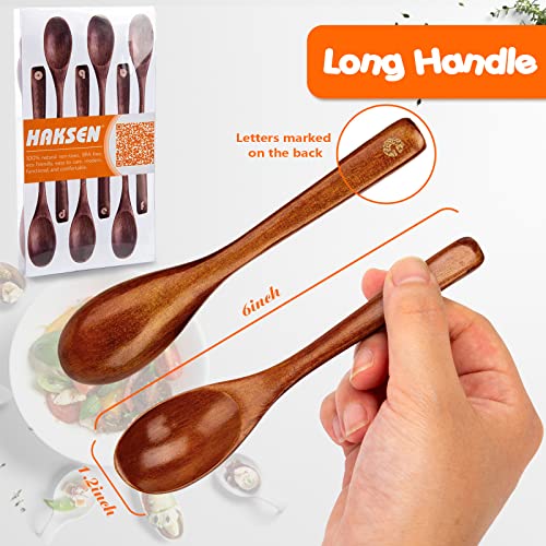 HAKSEN Wooden Spoons, 6 PCS Long Serving Spoon Tasting Spoons Wood Utensils A to F Letters for Kitchen Table Stirring Soup