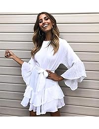 PRETTYGARDEN Vestido de mujer casual de color sólido con cuello redondo, manga 3 4, volantes, línea A, mini vestido con cinturón