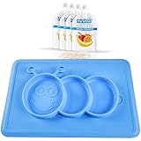 Lovely Minime - One-piece silicone placemat + plate, Toddler baby suction plates with 4 feeding food pouches (Blue)