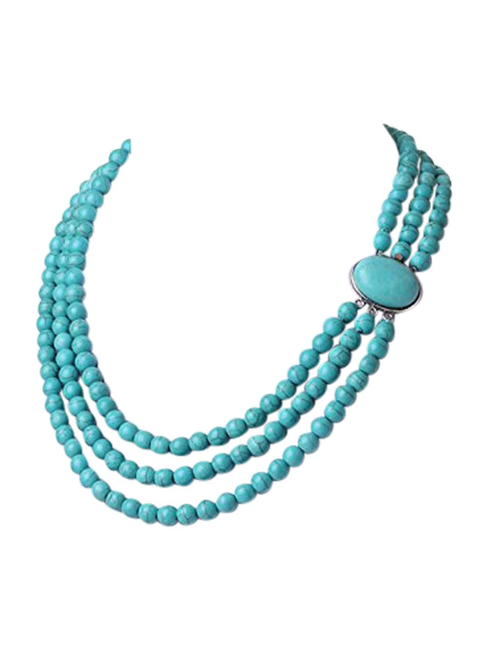 Treasure Bay Stunning Three Strands 8mm Round Blue Turquoise Gemstone Beaded Necklace for Women