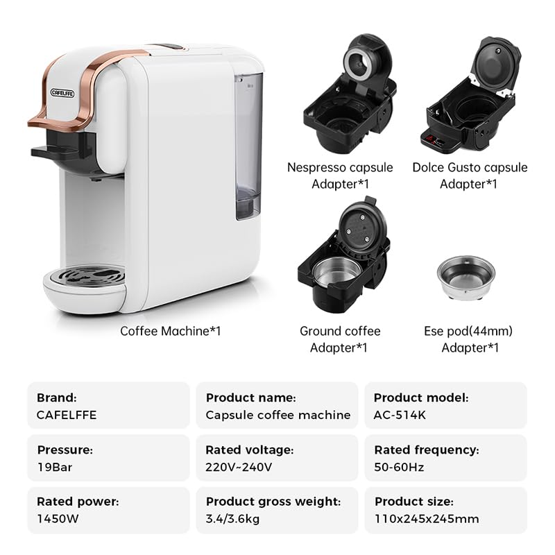Cafelffe MK-603 Capsule Coffee Machine, 19 Bar 4-in-1 Hot/Cold Espresso Maker, Compatible Nes*/DG* Pod/Coffee Powder, 220V Volts, Fast Brew, Compact for Home/Office - Easy Clean,Black
