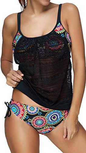 Pandolah Sexy Stripe Lined Double Up Tankini Two Pieces Bathing Suit