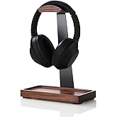 NIRVASH Walnut Headphone Stand, Wooden Headset Stand for Desk, Wood Gaming Headphone Holder with Storage Base for Airpod max, Bose, Razer, Sennheiser, Jabra, JBL, AKG, Vintage Gift for Men